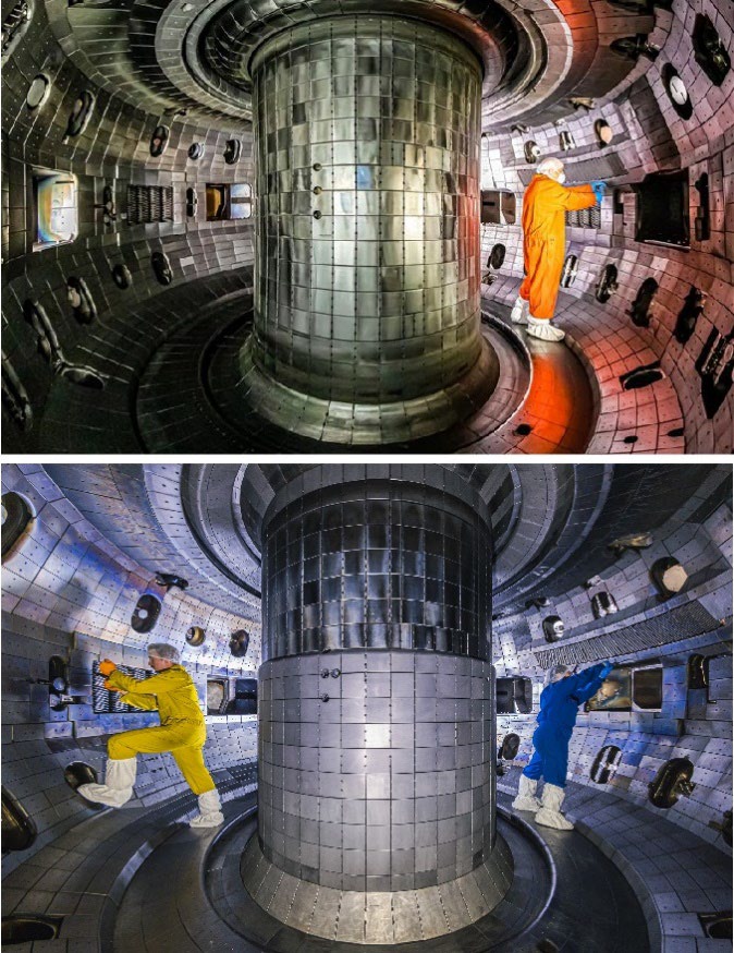 DIII-D tokamak interior before (top) and after (bottom) facility upgrade